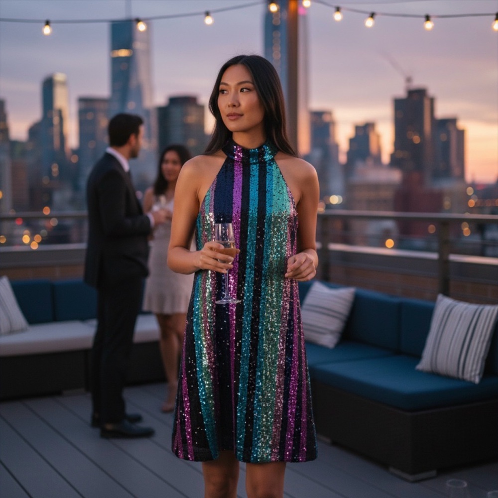 Badgley Mischka Multi Color Sequin Halter Trapeze Dress